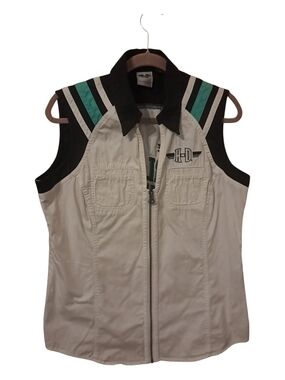 Harley-Davidson White Sleeveless Zip Vest with Black Collar and Teal Stripes